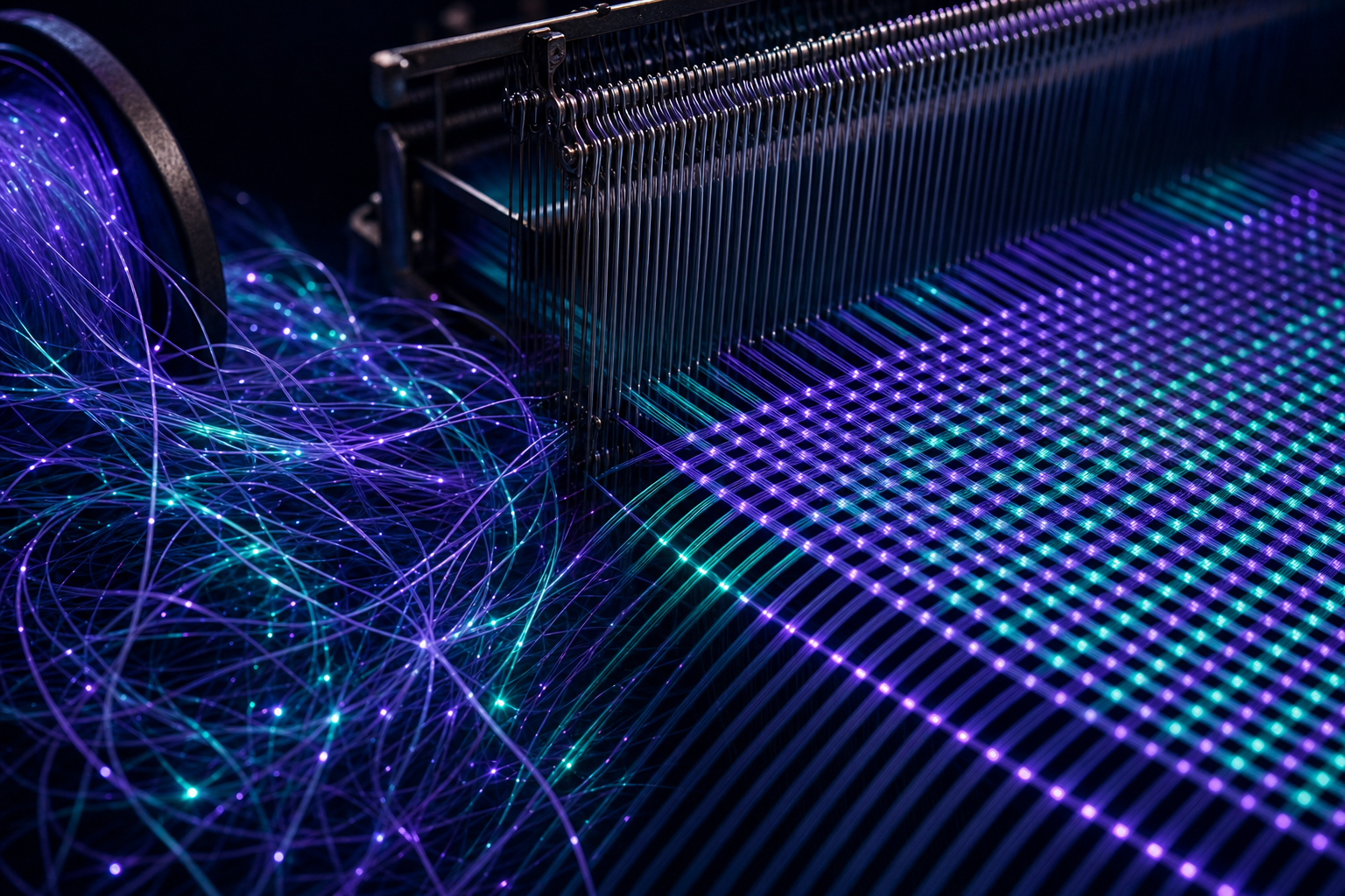 Fabric: A vast loom stretches across the screen, its shuttle racing left to right, threading 53 command-patterns into a single bolt of luminous output cloth — every pass of the weft a different AI vendor, every warp thread a named pattern.