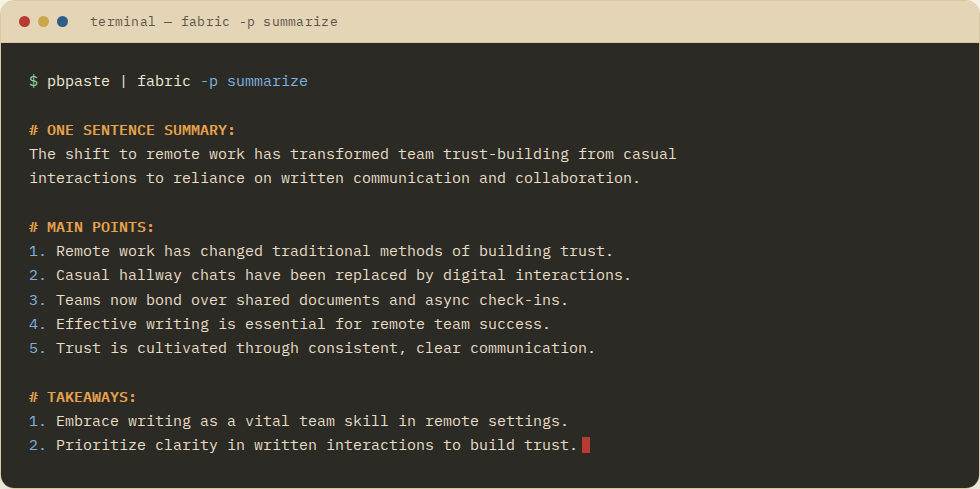 A real, unedited terminal run: piping a short paragraph into fabric -p summarize returns a structured one-sentence summary, five main points, and two takeaways.